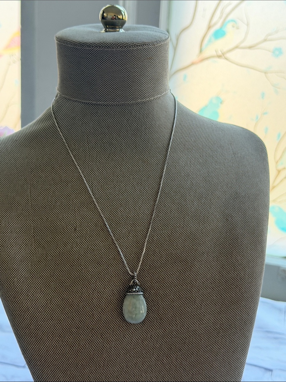 Genuine Jade teardrop stone pendant  with 925 Italy GM signed chain 7.5”